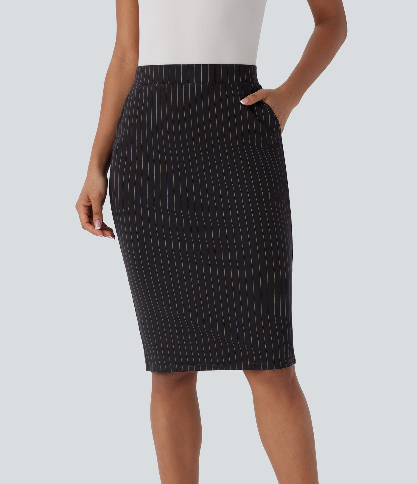 Jupe de travail moulante rayée taille haute avec poches et fentes effet frais InstantCool