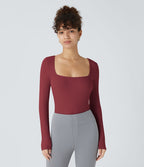 Bodysuit de Travail Tricot Côtelé Col Carré Manches Longues Boutonné Silhouette Élancée