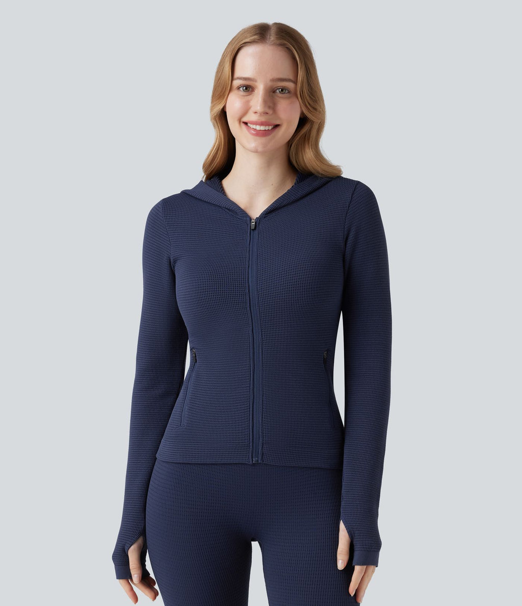 Veste yoga en maille gaufrée à capuche zippée à manches longues avec passants pouces sans couture OneForm Seamless Flow avec poches