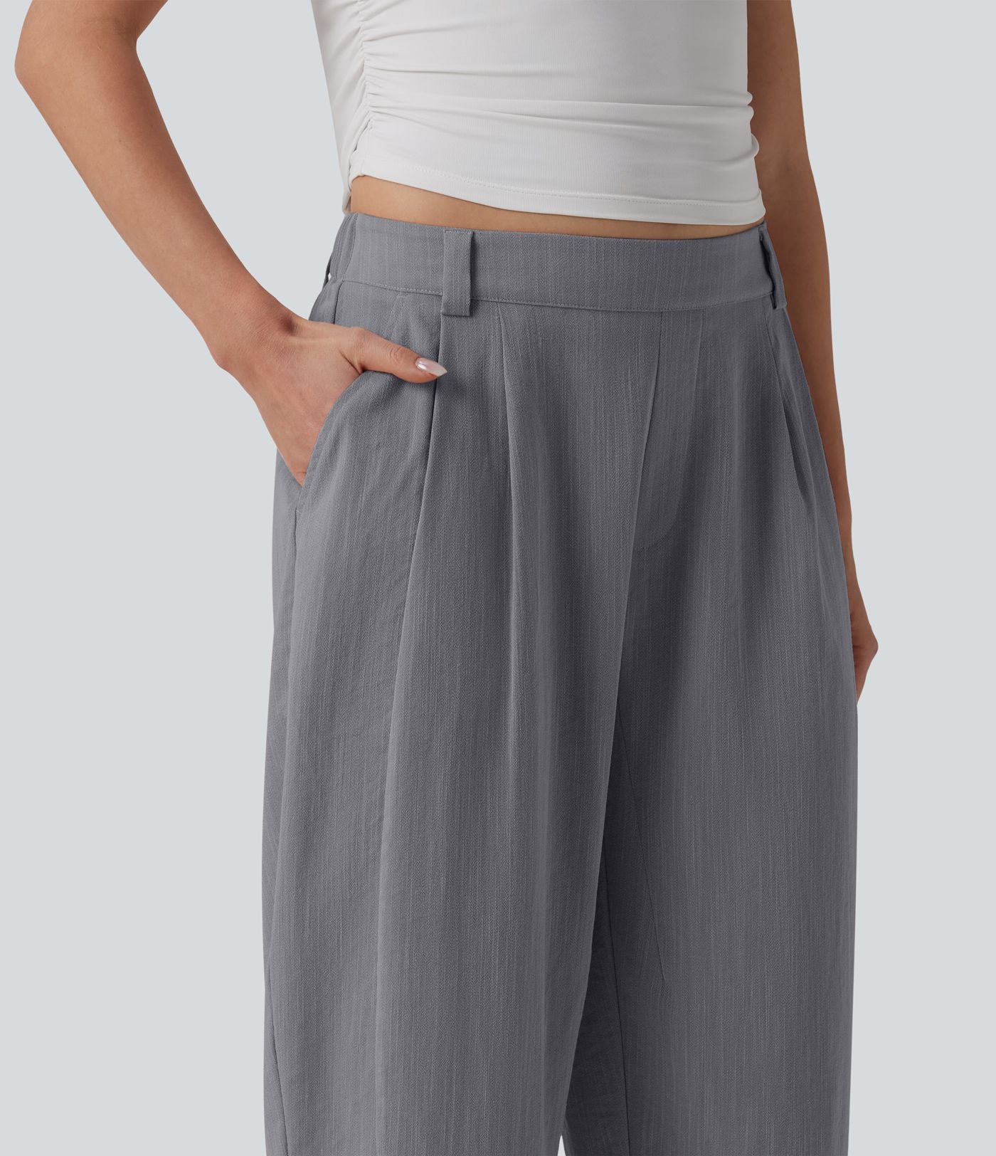 Pantalon décontracté coupe ballon taille mi-haute aspect lin avec poches