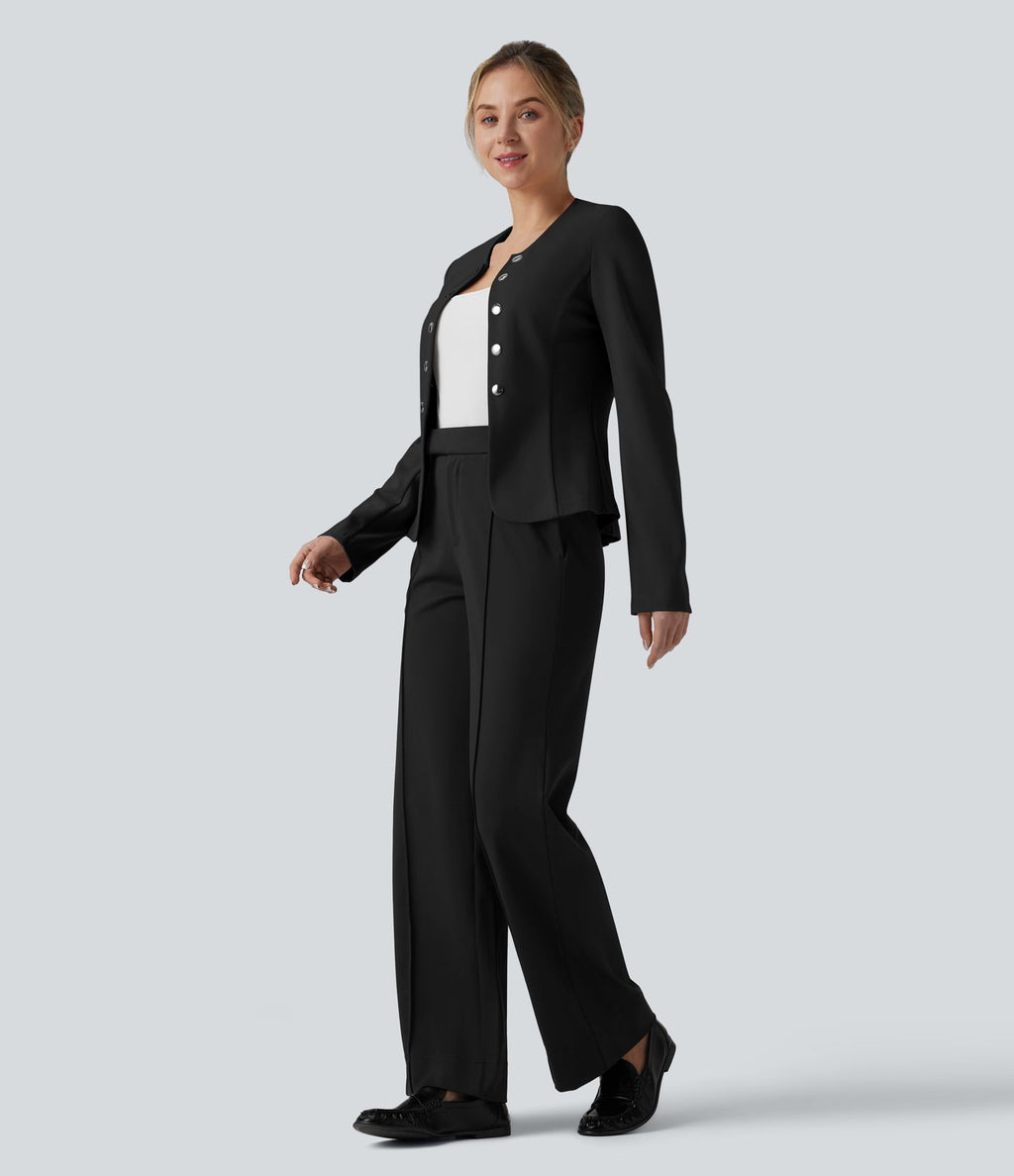 Blazer de travail col rond boutons décoratifs ourlet plissé