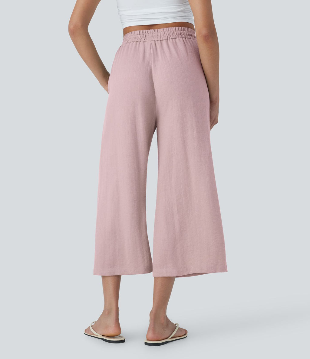 Pantalon décontracté aspect lin 7/8 à taille haute, jambe large avec cordon de serrage et poches latérales