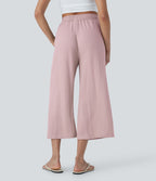 Pantalon décontracté aspect lin 7/8 à taille haute, jambe large avec cordon de serrage et poches latérales