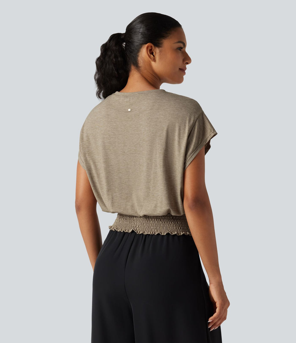 T-shirt froncé à encolure arrondie et manches courtes