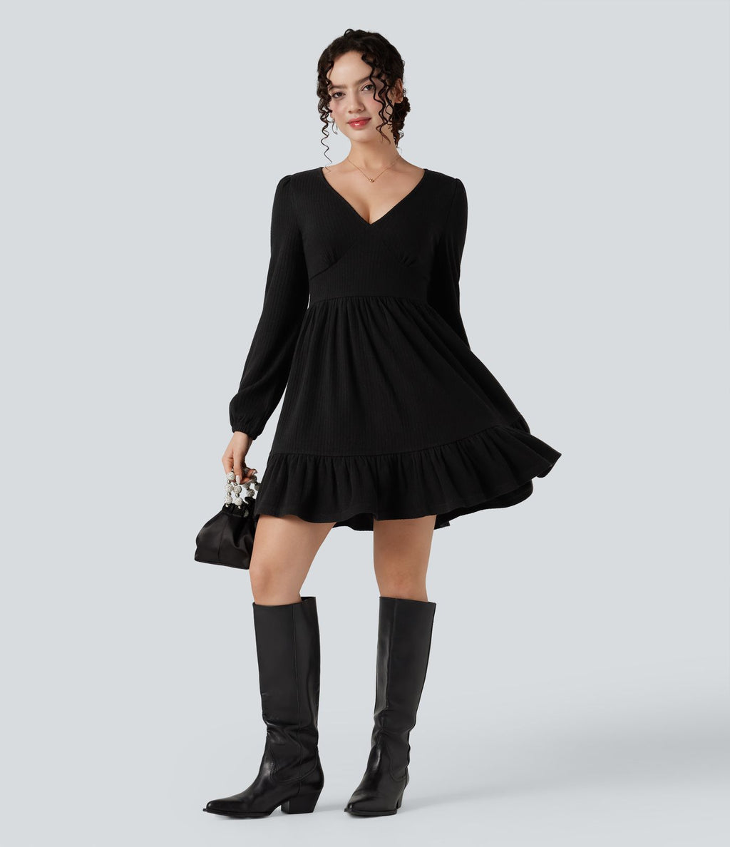 Robe mini côtelée col V volants manches longues