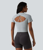 Haut de sport yoga col rond manches courtes avec soutien-gorge intégré