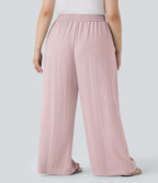 Pantalon décontracté grande taille large fluide taille haute effet lin avec cordon de serrage et poches