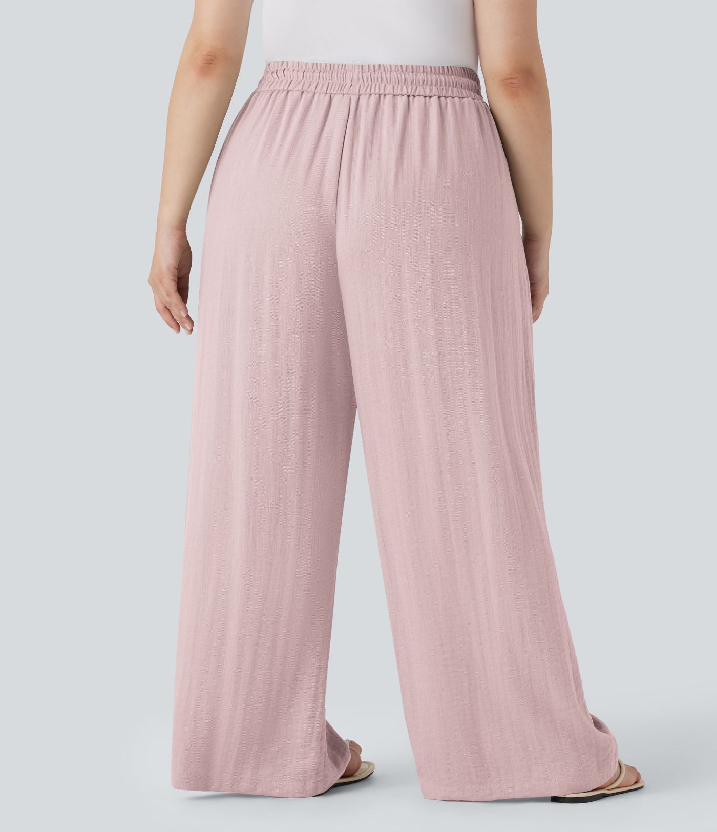Pantalon décontracté grande taille large fluide taille haute effet lin avec cordon de serrage et poches