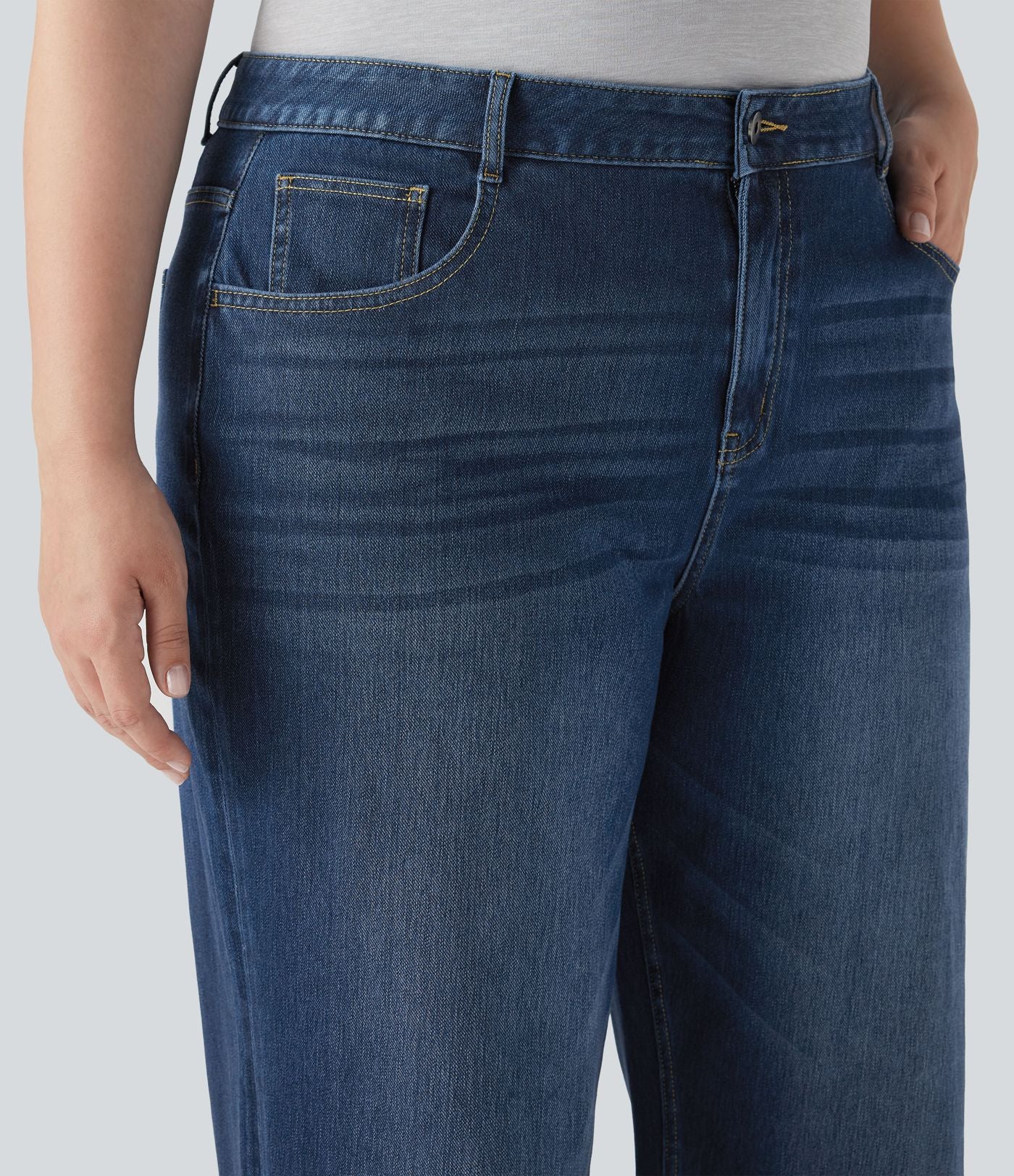 Jean casual grande taille Halara Flex™ tricot extensible délavé taille haute jambe large ourlet roulotté avec poches