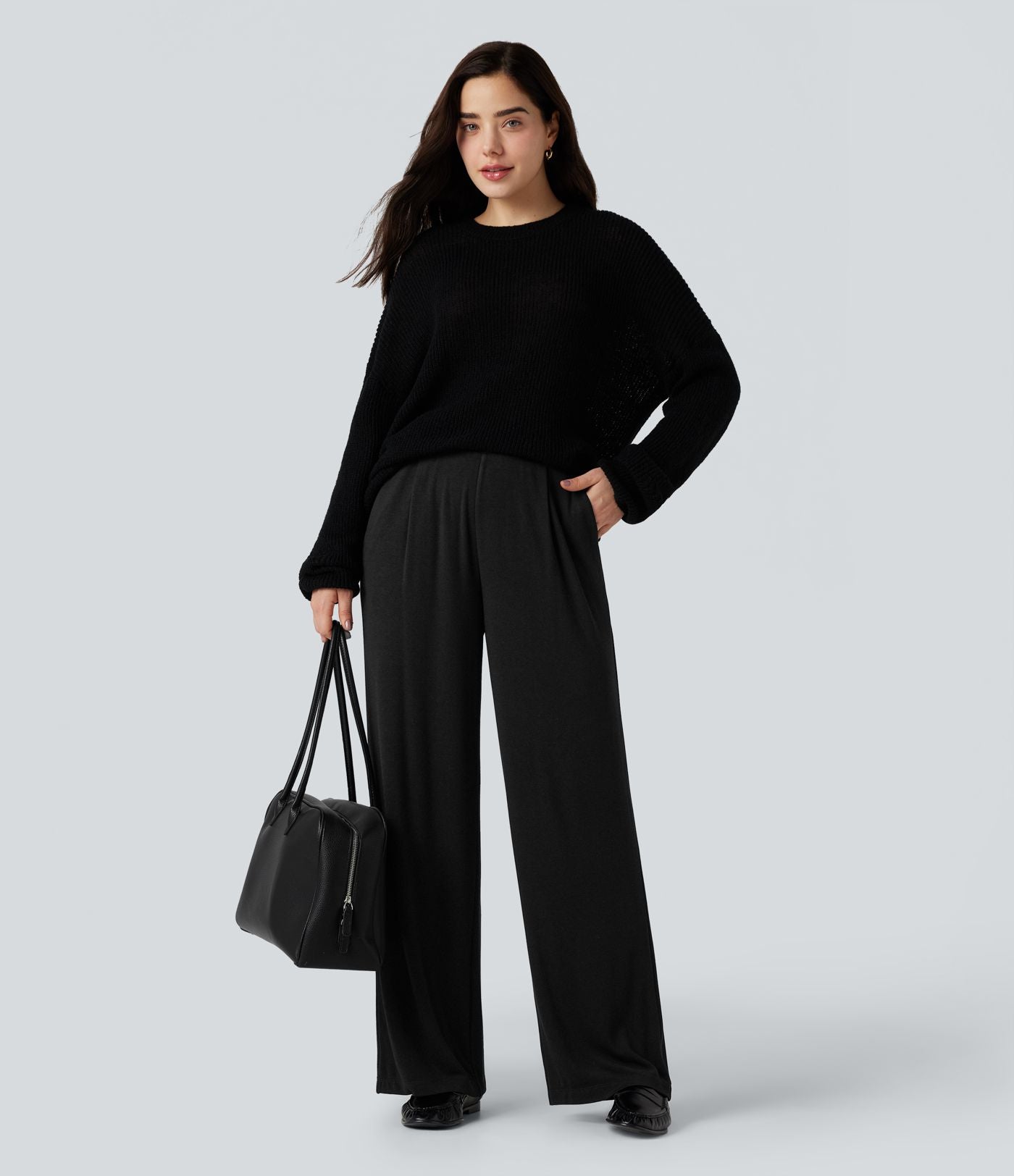Pantalon taille haute large thermique confortable avec poches