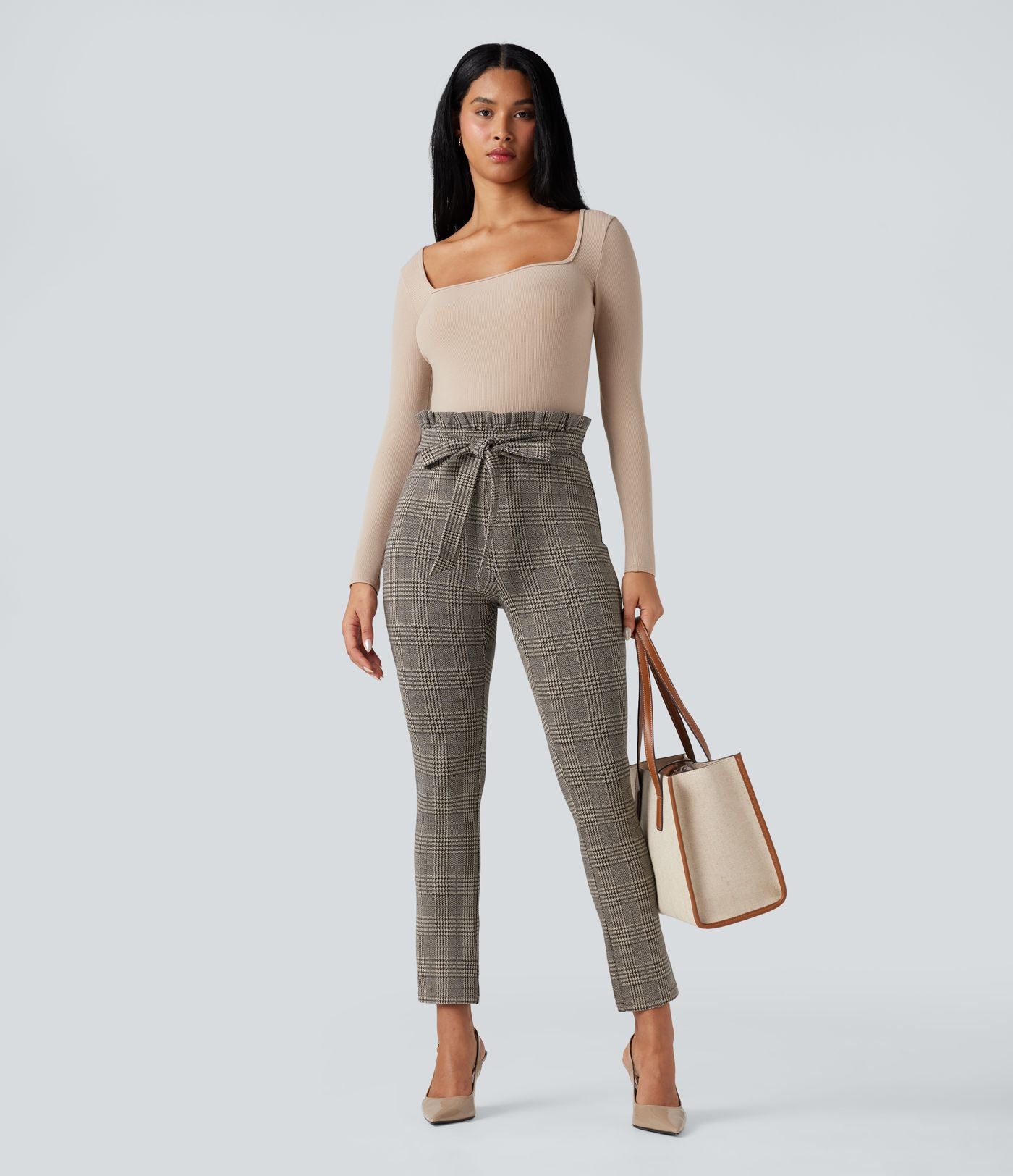 Pantalon tailleur skinny Halara Flex™ paper bag pied-de-poule carreaux taille haute à nœud avec poches