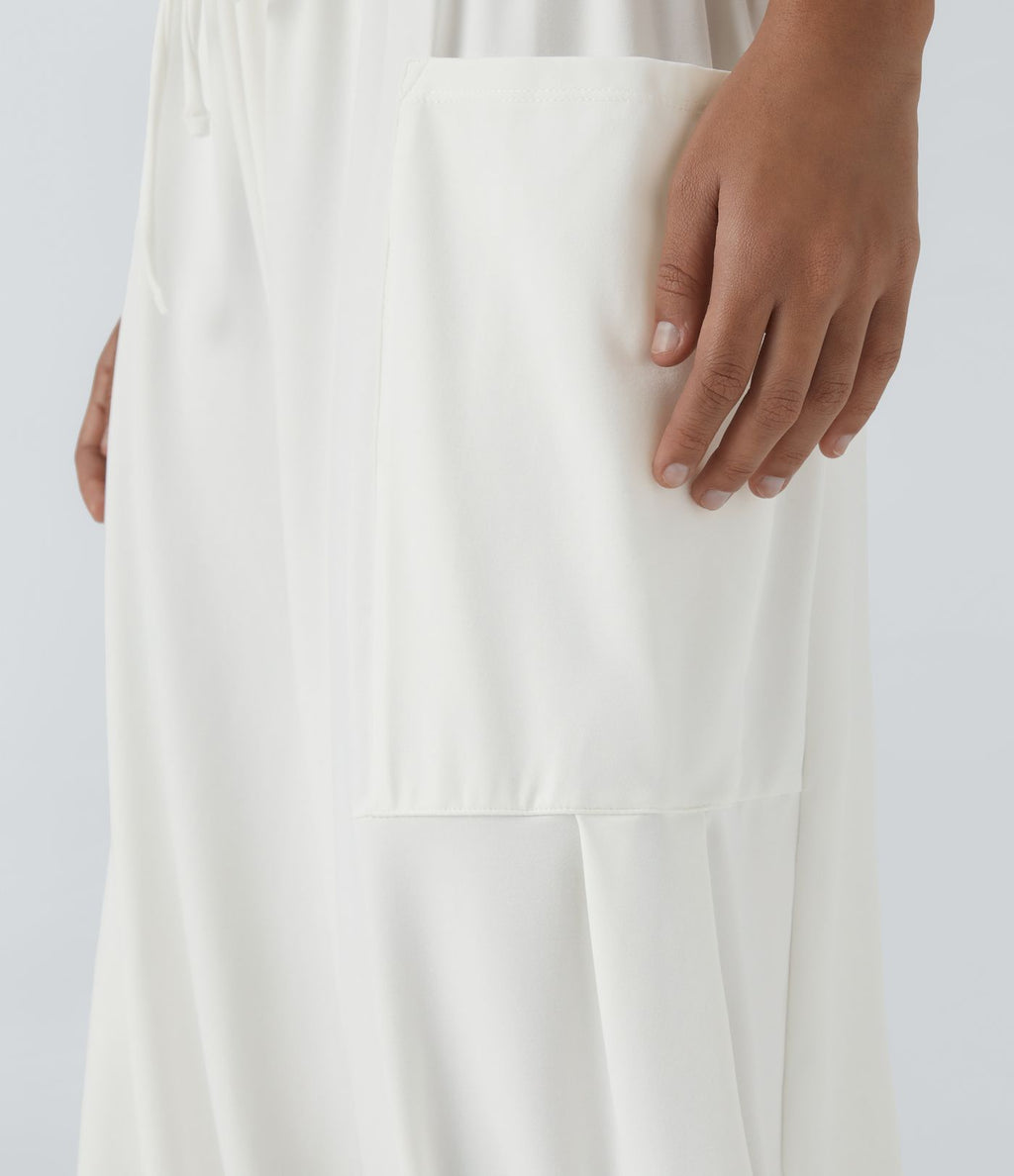 Pantalon Large Fluide Taille Mi-Haute Taille Élastique Cordon Poches Latérales Ourlet Flottant