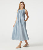 Robe casual midi à carreaux toucher lin col rond sans manches à poches