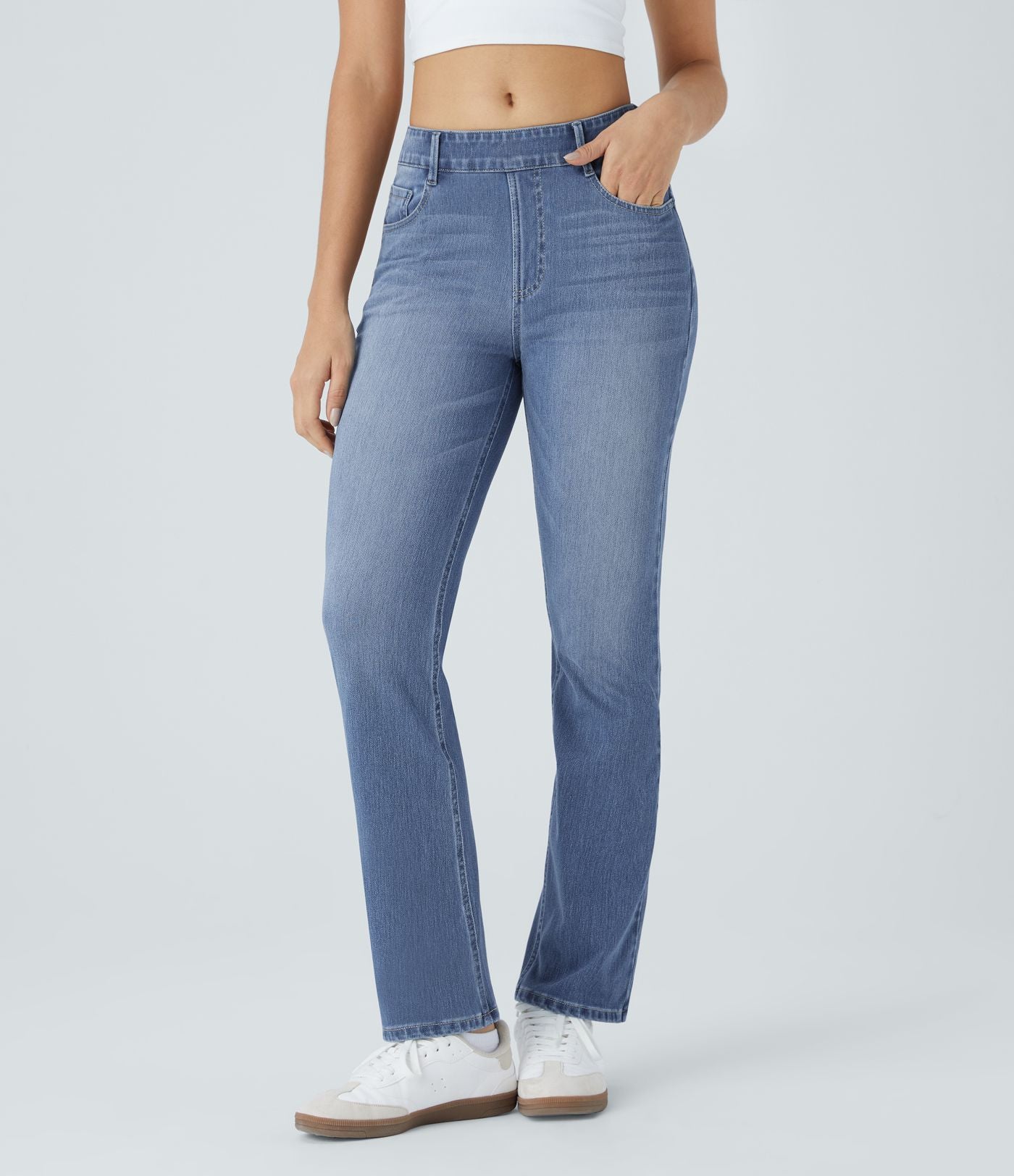 Halara Flex™ Jeans bootcut Casual Taille Haute Multiples Poches Lavés Élastiques et Tricotés Coupe