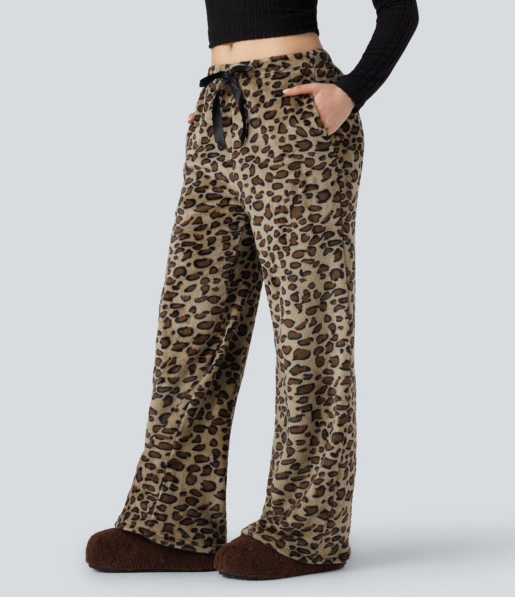 Pantalon large molleton imprimé léopard taille mi-haute avec cordon de serrage et poches