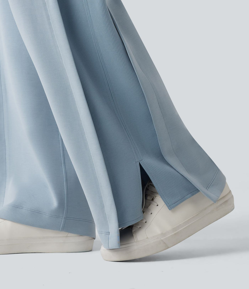 SpacerTek™ Pantalon large fluide décontracté taille haute avec cordon de serrage intérieur, côtes contrastées, fentes et poches