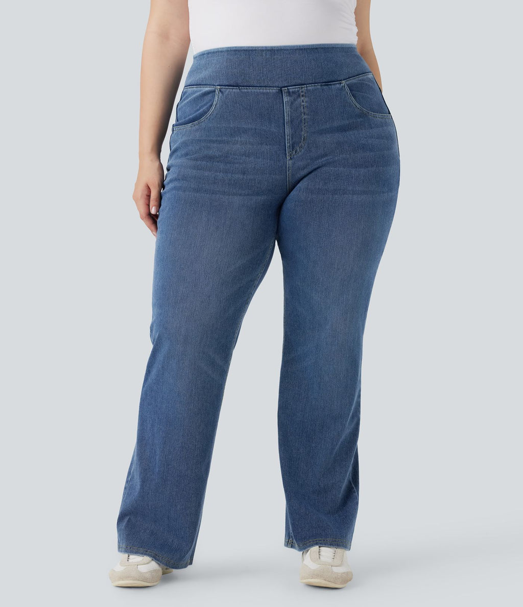 Jean décontracté Halara Flex™ grande taille bootcut taille haute en maille extensible délavée avec multiples poches