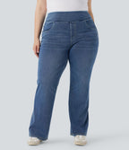 Jean décontracté Halara Flex™ grande taille bootcut taille haute en maille extensible délavée avec multiples poches