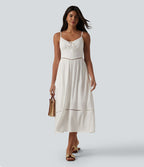 Robe nuisette midi aspect lin avec nœud devant, découpes et poches
