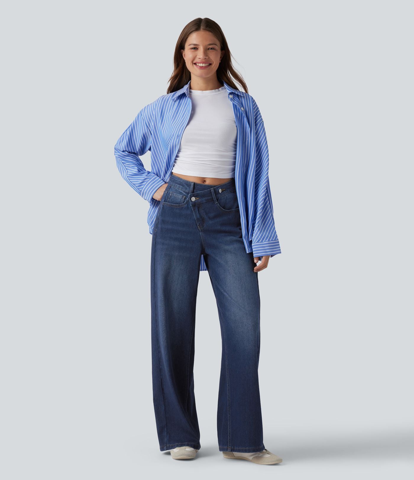 Jean baggy asymétrique Halara Flex™ taille haute effet délavé avec poches