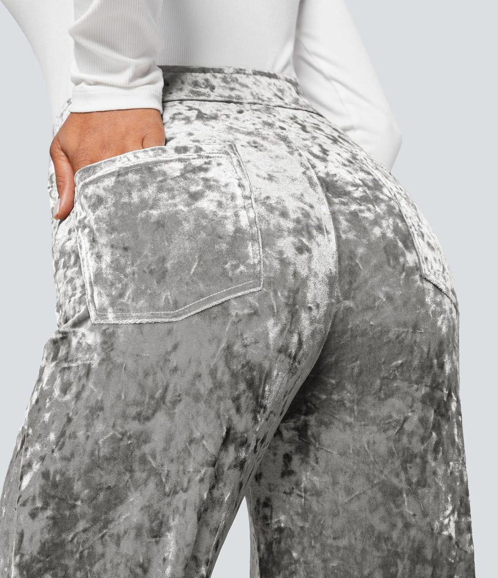 Pantalon Casual en Velours Taille Haute avec Bouton Multipoches Droites