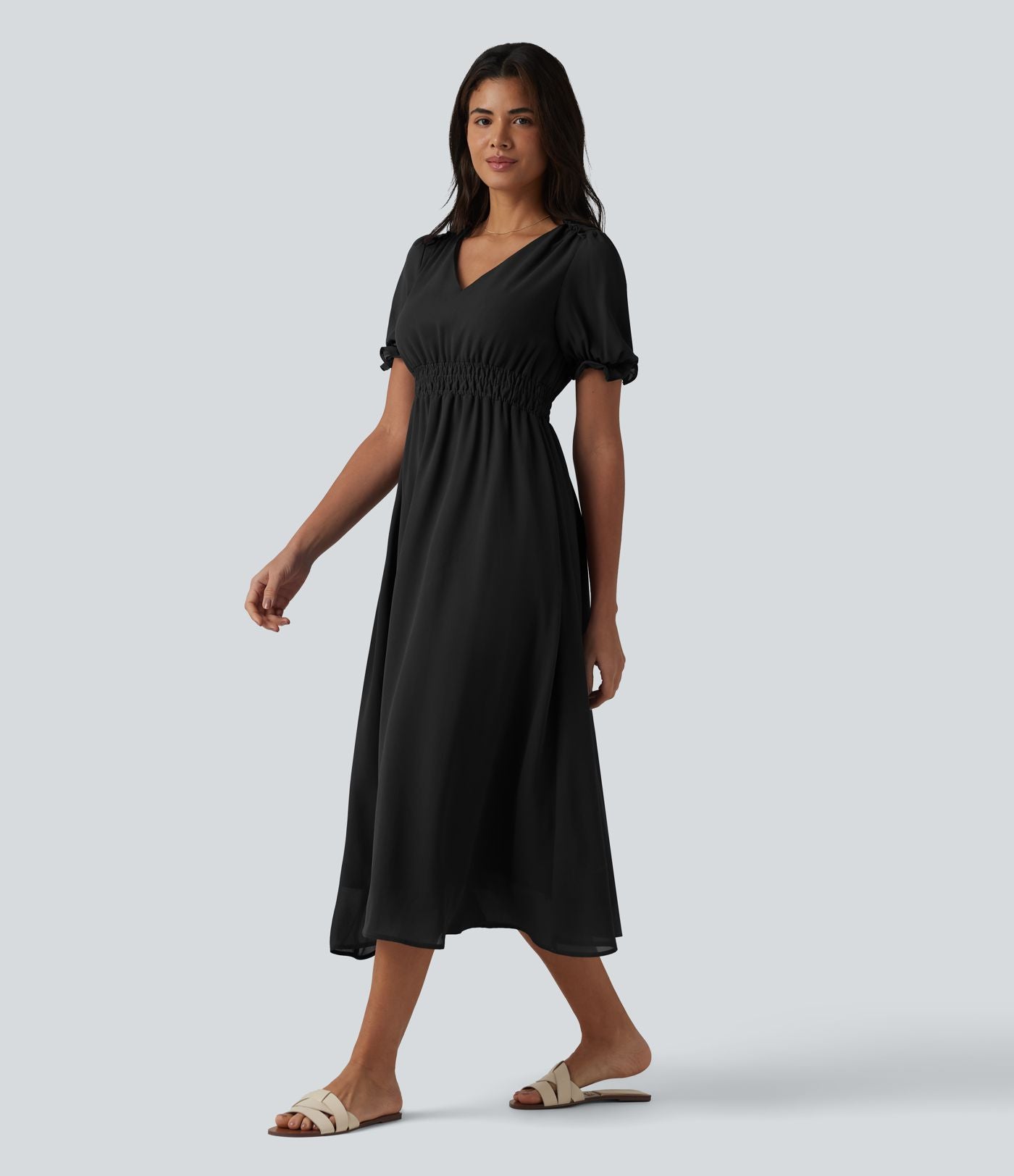 Robe décontractée fluide mi-longue col V manches bouffantes taille froncée
