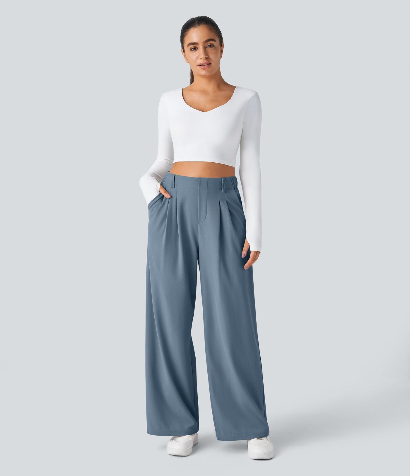 Halara Flex™ Pantalon Tailleur Large Fluide Gaufré Taille Haute Poches Latérales