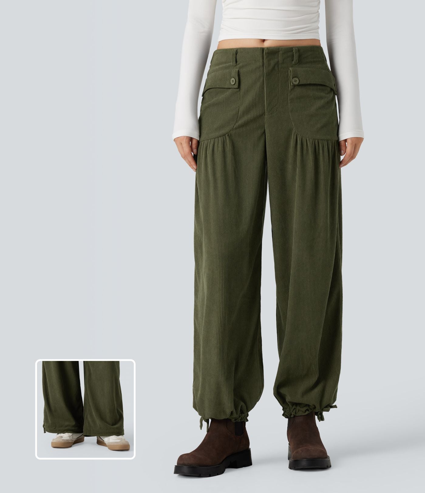 Pantalon décontracté large taille mi-haute en velours côtelé avec poches
