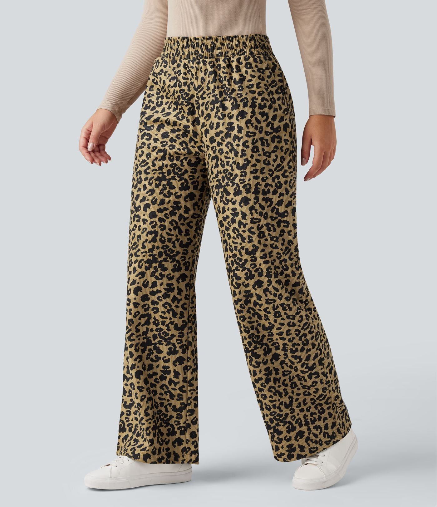 Pantalon léopard ample décontracté velours côtelé imprimé taille haute avec poches