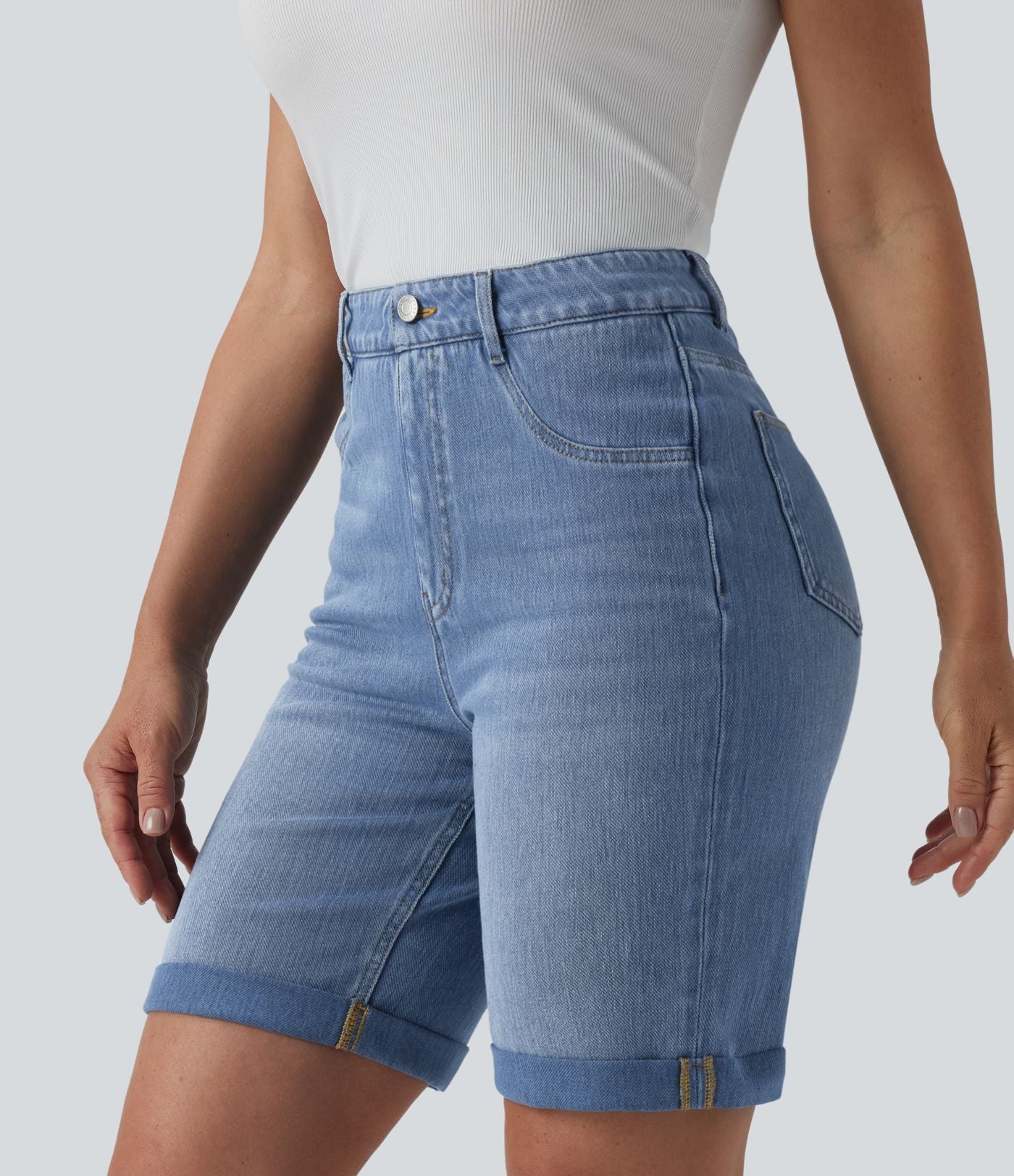 Short en jean Halara Flex™ taille haute gainant délavé à ourlet roulotté décontracté avec poches