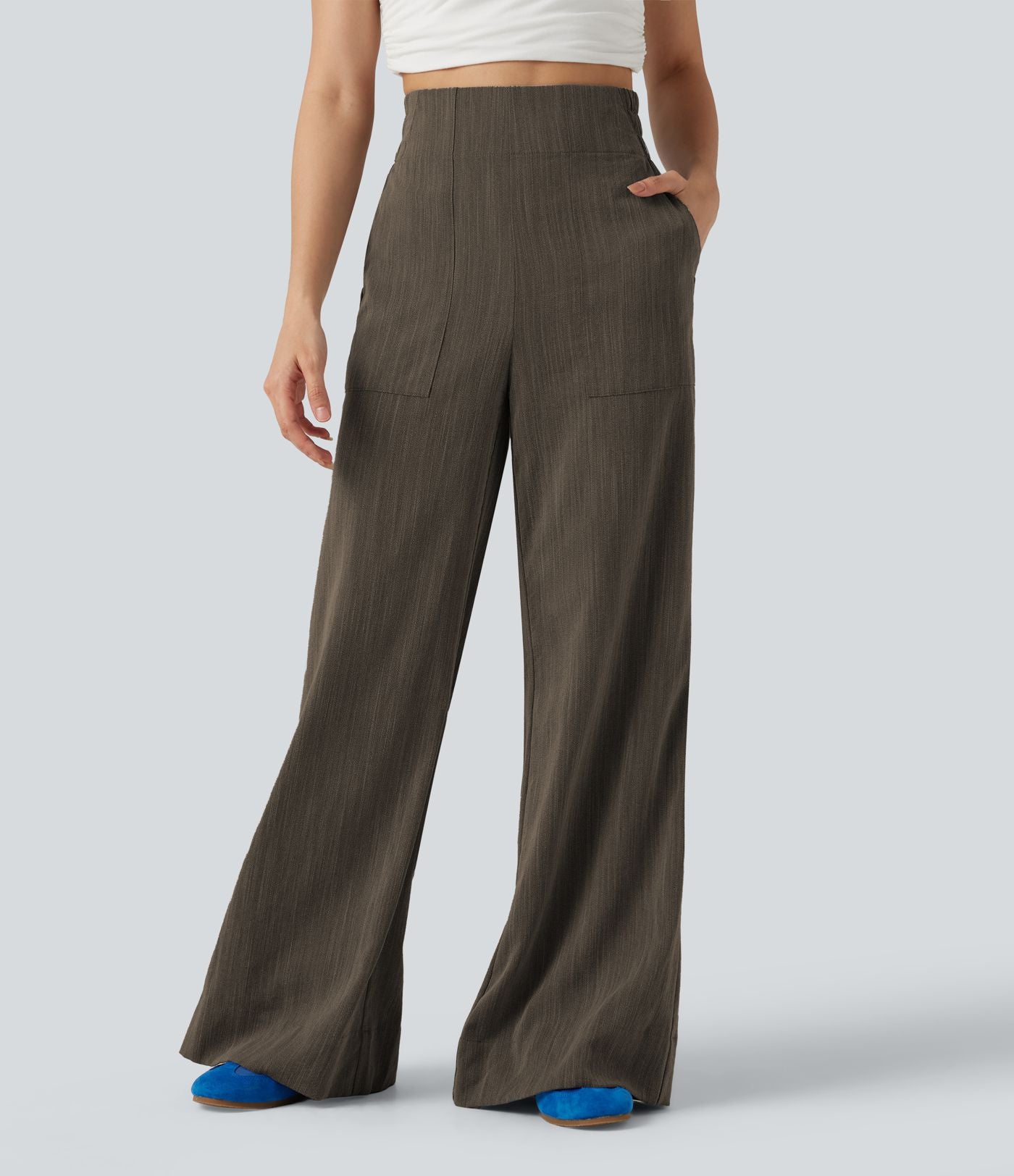 Pantalon flare taille haute effet lin avec poches