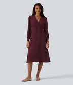 Robe casual midi col V à manches longues bouffantes