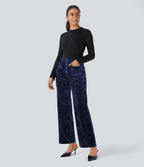 Pantalon Casual en Velours Taille Haute avec Bouton Multipoches Droites