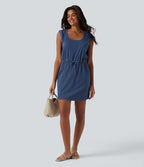 Robe mini Halara Flex™ jean décontracté en lyocell drapé, encolure U, sans manches, à cordon, avec poches