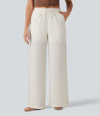 Pantalon large fluide casual 2 en 1 taille mi-haute avec cordon de serrage, dentelle contrastante, poches et aspect lin