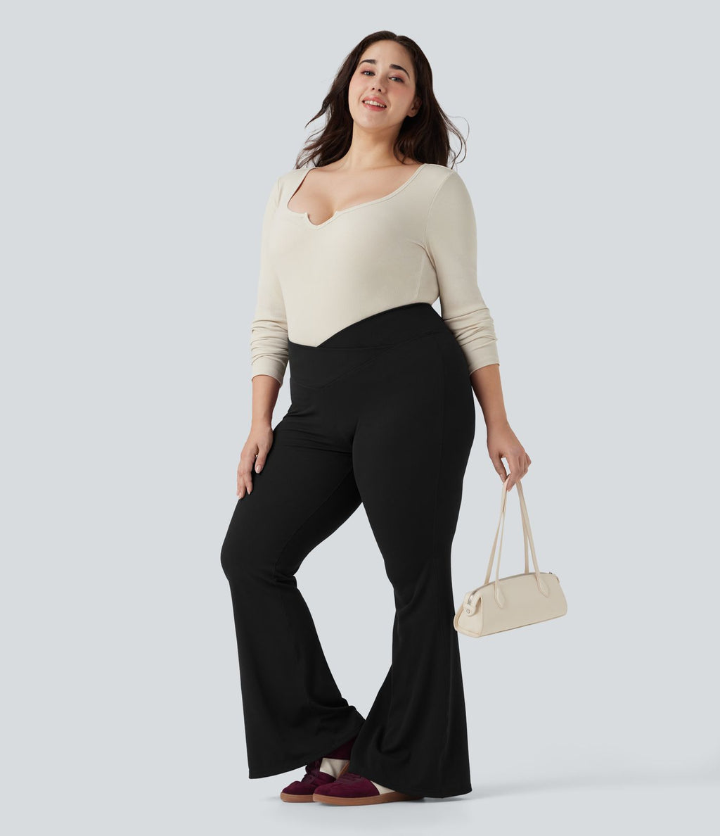 Pantalon décontracté grande taille croisé, évasé en maille gaufrée, taille haute, avec poches