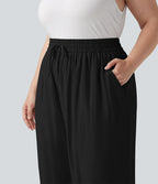 Pantalon large grande taille taille haute avec cordon de serrage et poches