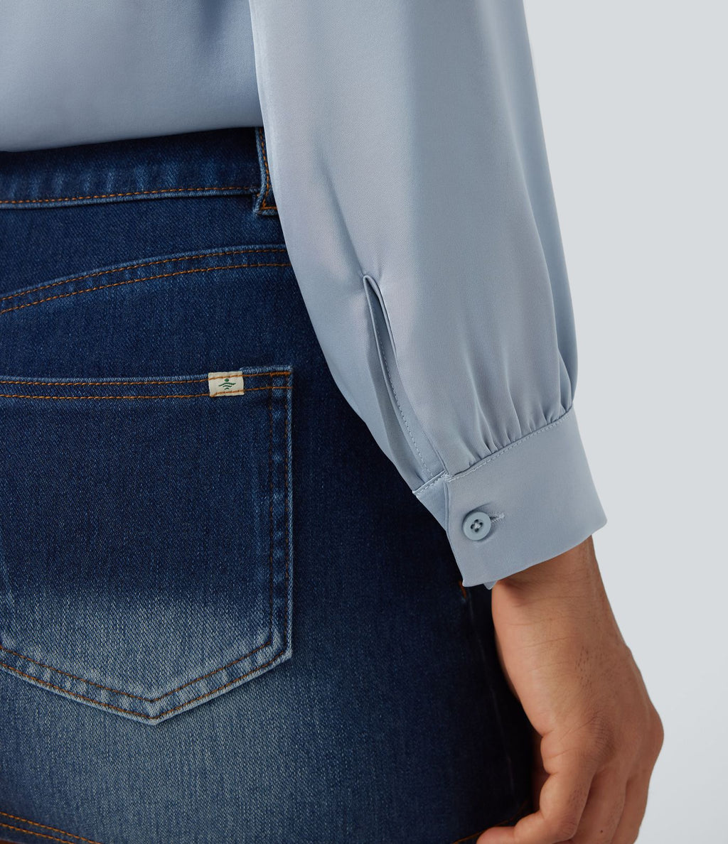 Chemise décontractée en satin col V manches longues à finitions volants