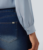 Chemise décontractée en satin col V manches longues à finitions volants