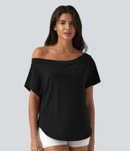 Top de sport yoga asymétrique à épaule dénudée manches courtes ourlet arrondi et coupe asymétrique à séchage rapide – Soutien-gorge intégré