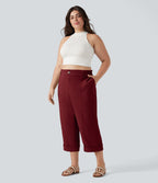 Pantalon de villégiature capri effet lin, grande taille, taille haute, avec poches