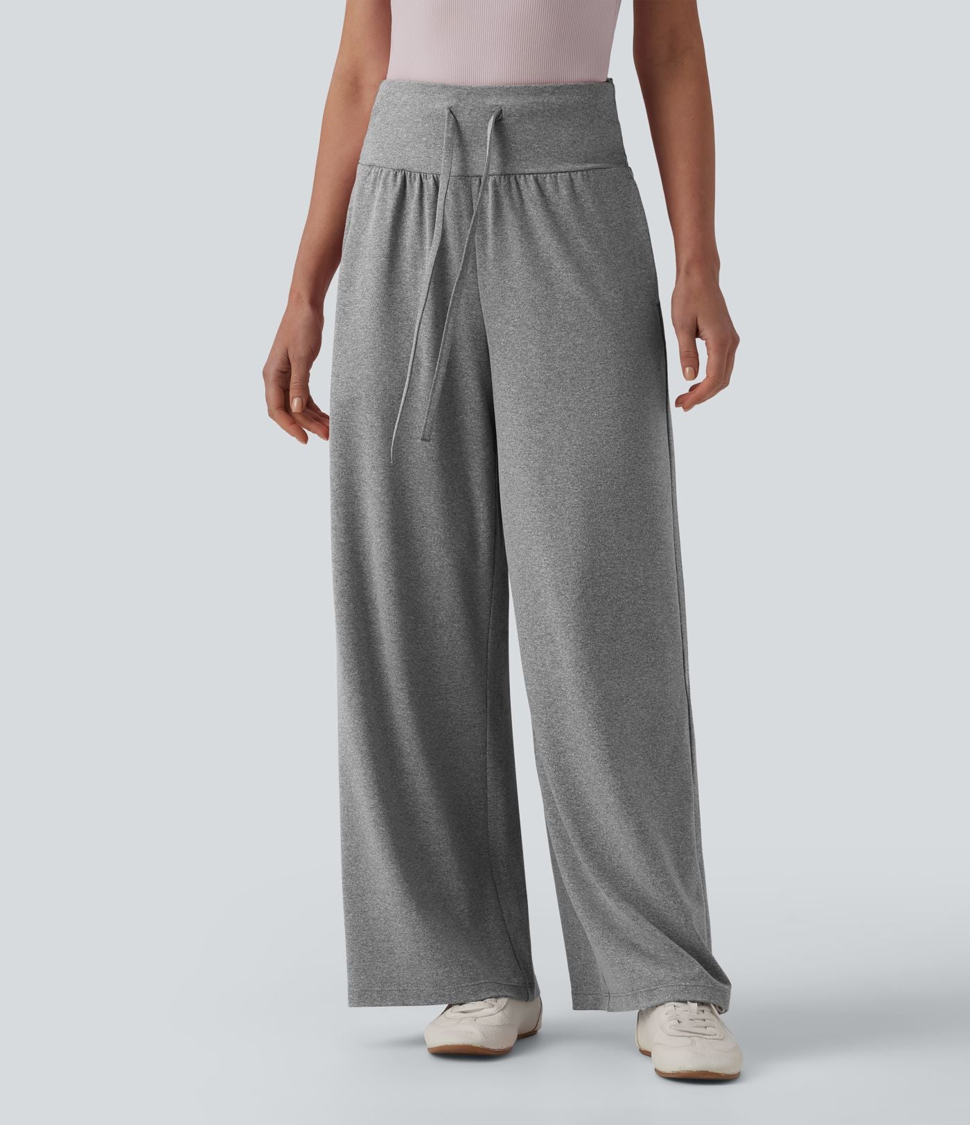 Pantalon casual large gainant taille haute à cordon de serrage avec poches