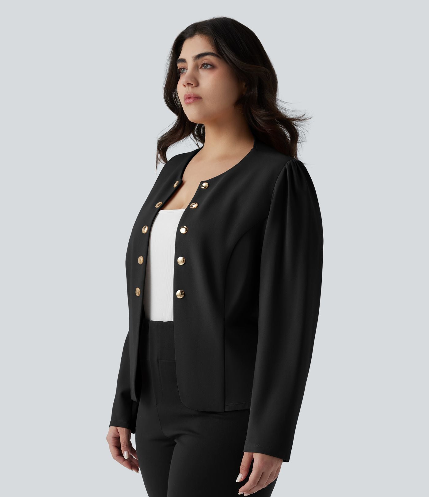 Blazer tailleur grande taille ajusté à col rond et manches longues