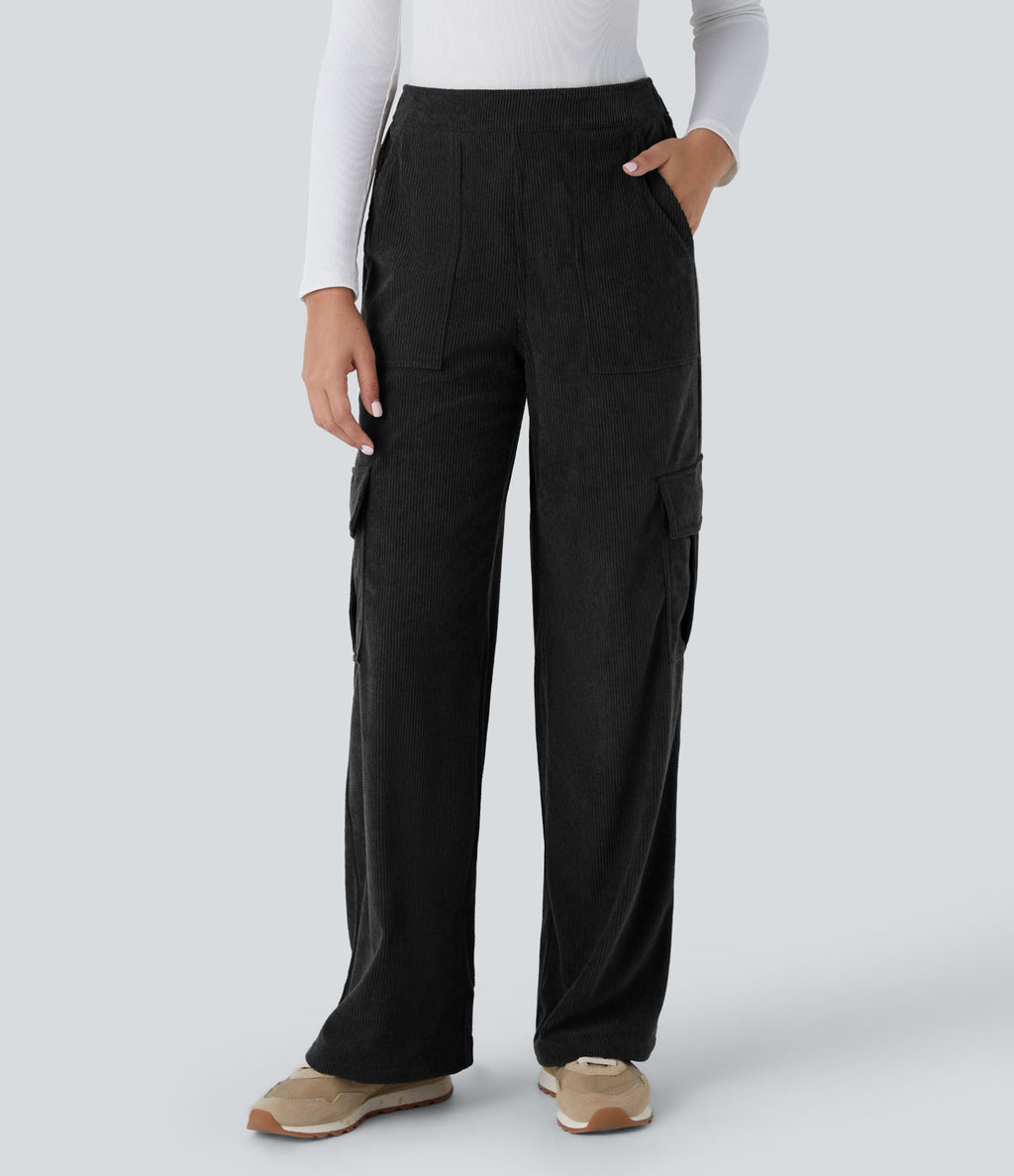 Pantalon cargo décontracté droit en velours côtelé, taille mi-haute, avec poches