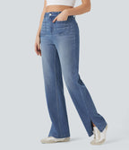 Jean droit délavé Halara Flex™ taille haute avec fente et poches