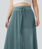 Jupe longue fluide grande taille 2-en-1 mesh contrastant taille haute avec cordon de serrage et poches
