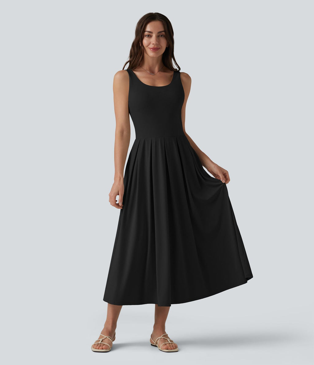 Robe midi fluide à bretelles col U avec brassière intégrée et poches