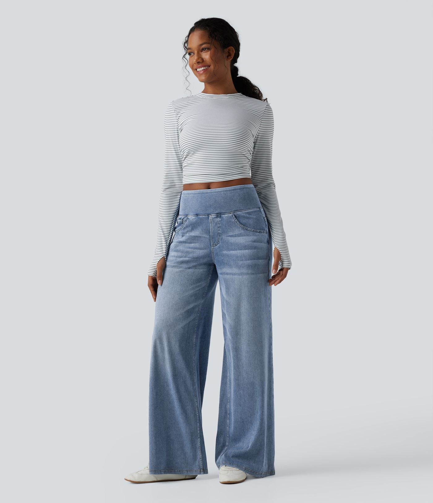 Halara Flex™ Jean large casual baggy taille mi-haute en lyocell drapé effet délavé, avec poches