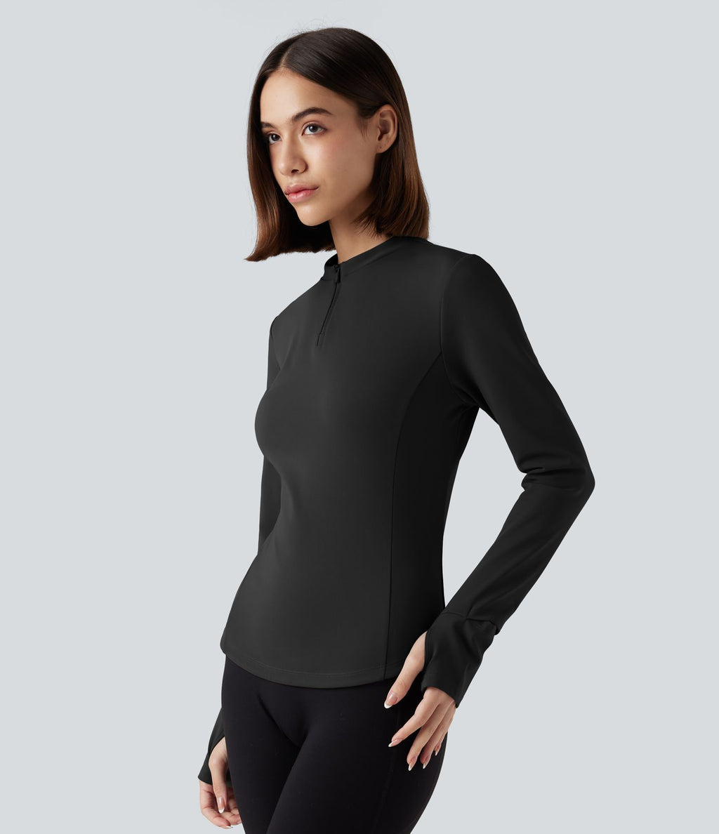 Haut de sport yoga polaire col montant demi-zip à manches longues avec passants pouces