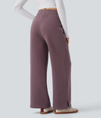 Pantalon jogging décontracté polaire taille haute jambe large avec cordon de serrage ourlet fendu et poches